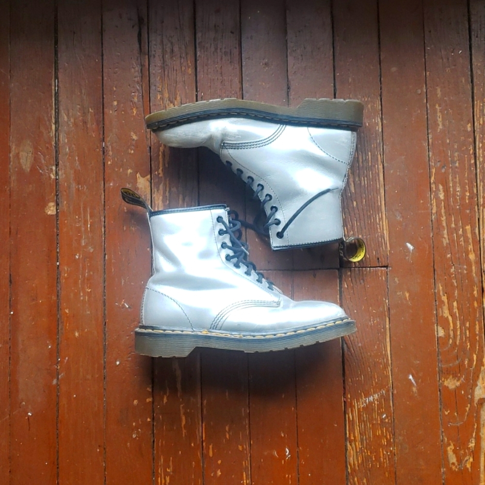 Dr. Martens "Air Wair" silver boots. Scuffed but shiny!